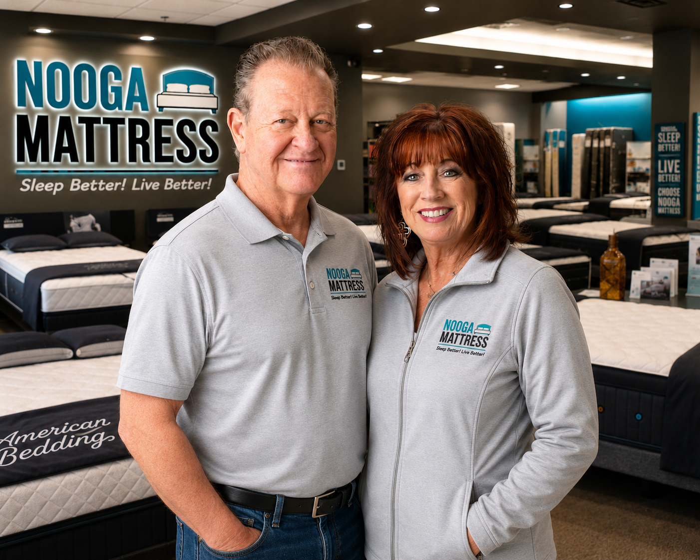Dr. Steve and Reita Ball, owners of Nooga Mattress, in their showroom