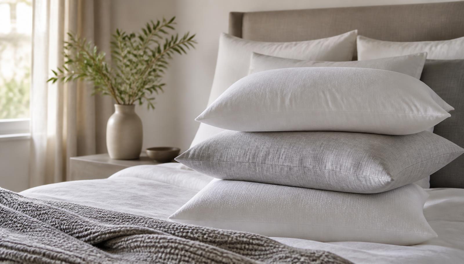 Stack of plush pillows on a made bed with linen sheets and a knit throw