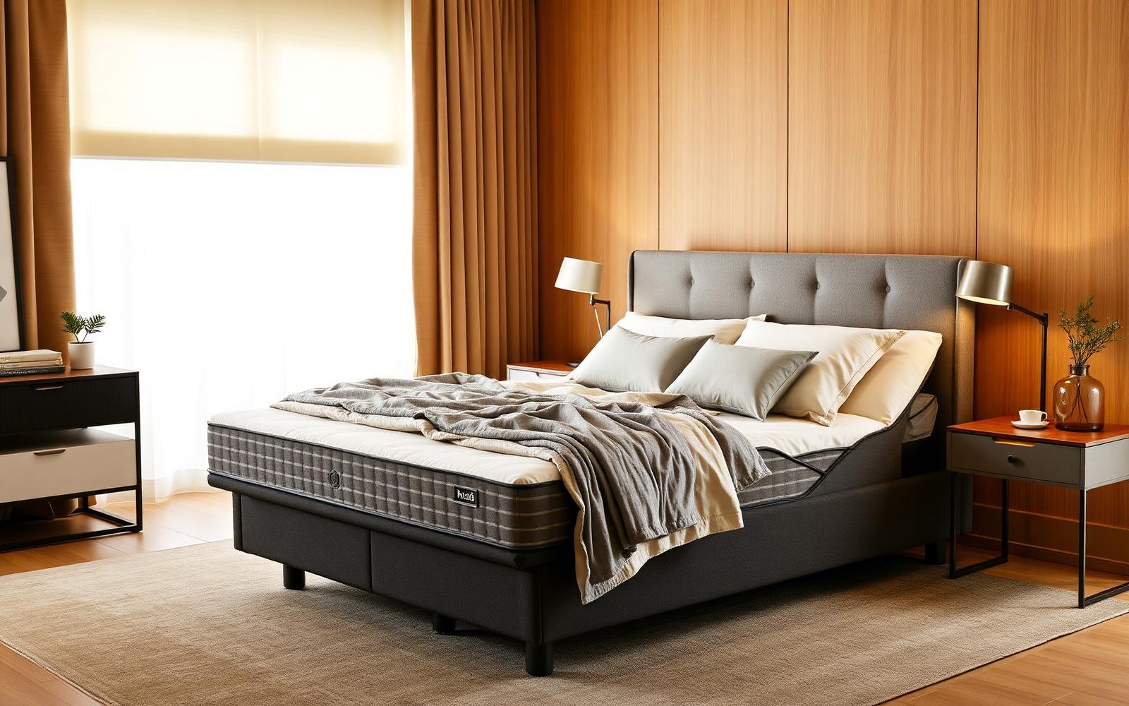 Adjustable power base with the head raised in a bedroom